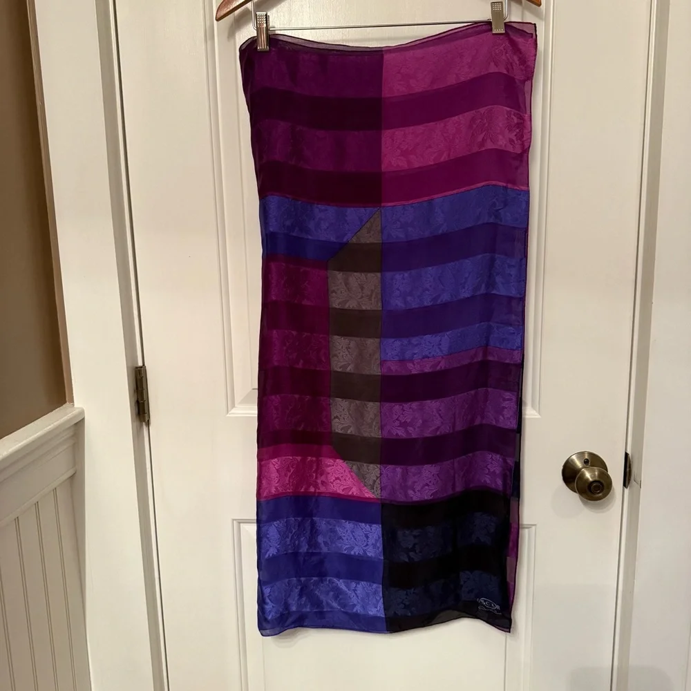 OSCAR DE LA RENTA SCARF PURPLE GRAY PINK SCROLL FLORAL STRIPE SILK LARGE SQUARE